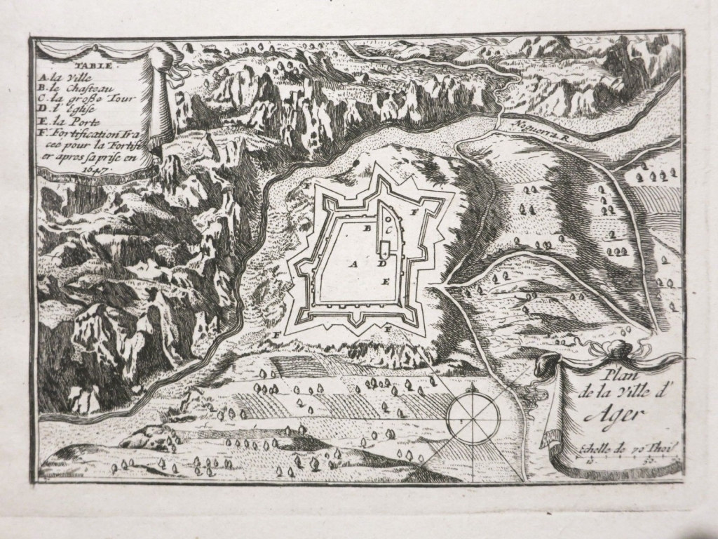 Plano de la fortaleza de Ager y alrededores (Lérida, Cataluña, España), 1678. Ponteult de Beaulieu