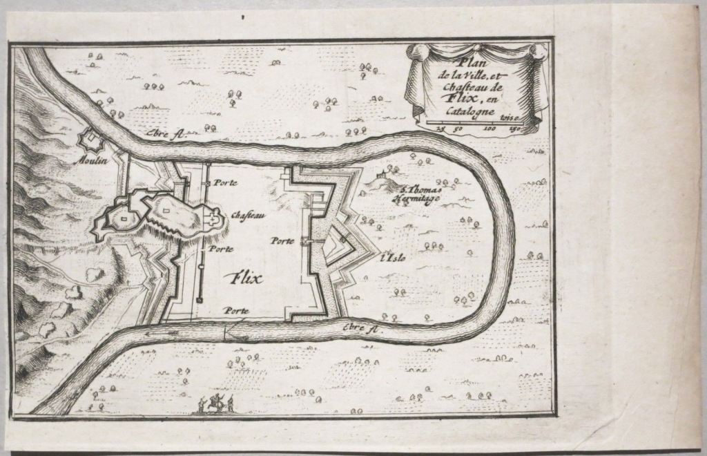 Plano de la fortaleza de Flix  y alrededores (Tarragona, España), 1678. Ponteult de Beaulieu