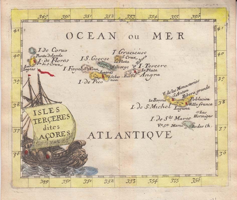 Mapa de las islas Azores (Océano Atlántico, Portugal), 1661. Pierre du Val