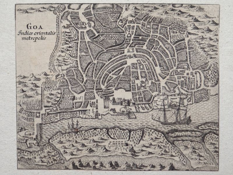 Plano y vista de la ciudad de Goa (India, Asia), hacia 1696. Adam Olearius