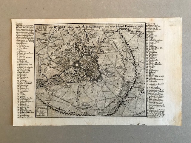 Plano de la ciudad y fortaleza de Lille (Francia, Europa), hacia 1750.  G. Bodenehr