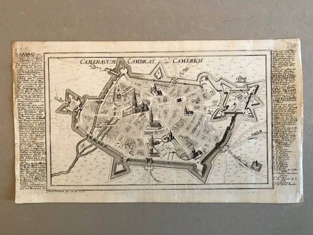 Plano de la ciudad y fortaleza de Cambray (francia, Europa), hacia 1725. Bodenehr