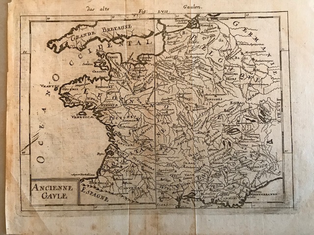 Mapa de la Francia antigua o Galia (Europa), hacia 1719. Mallet