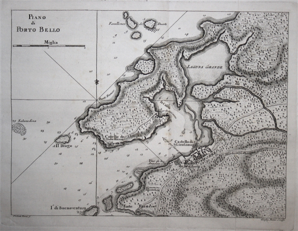 Mapa de la bahia y puerto de  Portobello (Panamá), 1763. Coltellini/Terreni