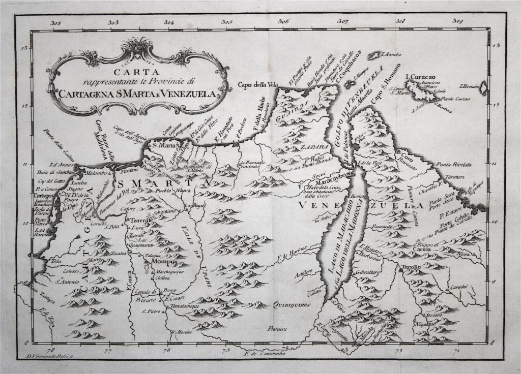 Mapa del norte de Colombia y  Venezuela (América del Sur), 1763. Coltellini/Terreni/Rossi