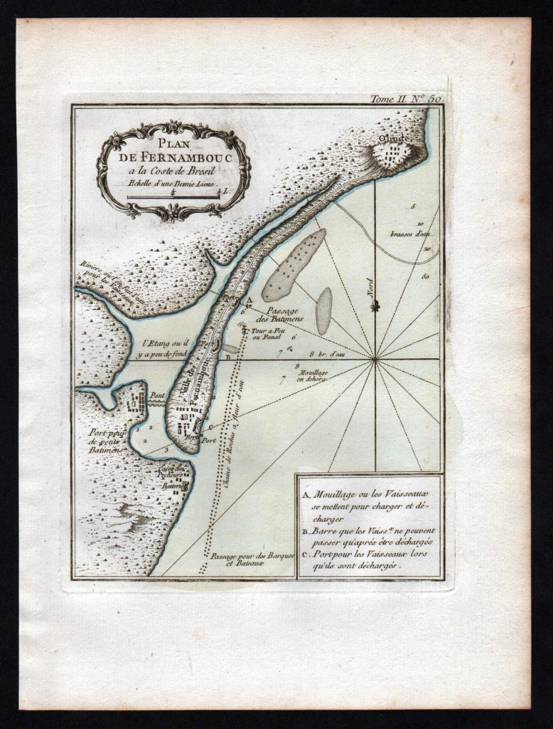 Mapa de las ciudades y puertos de Recife y Olinda ( Pernambuco,Brasil), 1764. N. Bellin