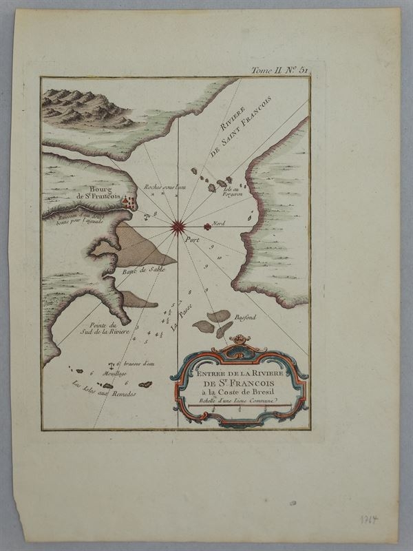 Carta náutica de la desembocadura del río San Francisco ( Sergipe-Alagoas, Brasil), 1764. N. Bellin