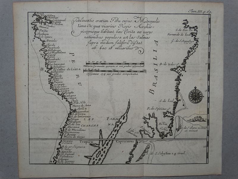 Mapa del litoral de Perú y Brasil (américa del sur), 1702. De Renneville