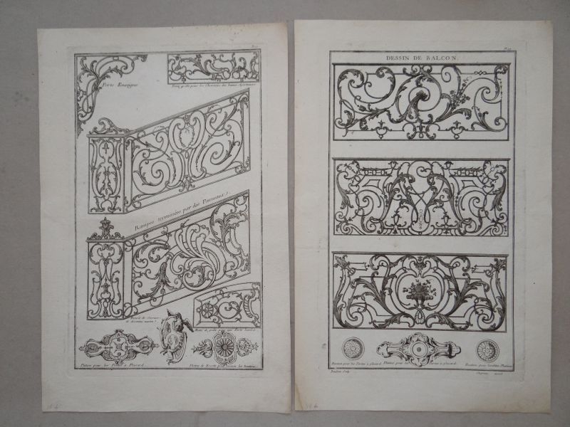 Diseños herrería barroca ornamental: barandillas para balcones, 1767. Chereau/Poulleau