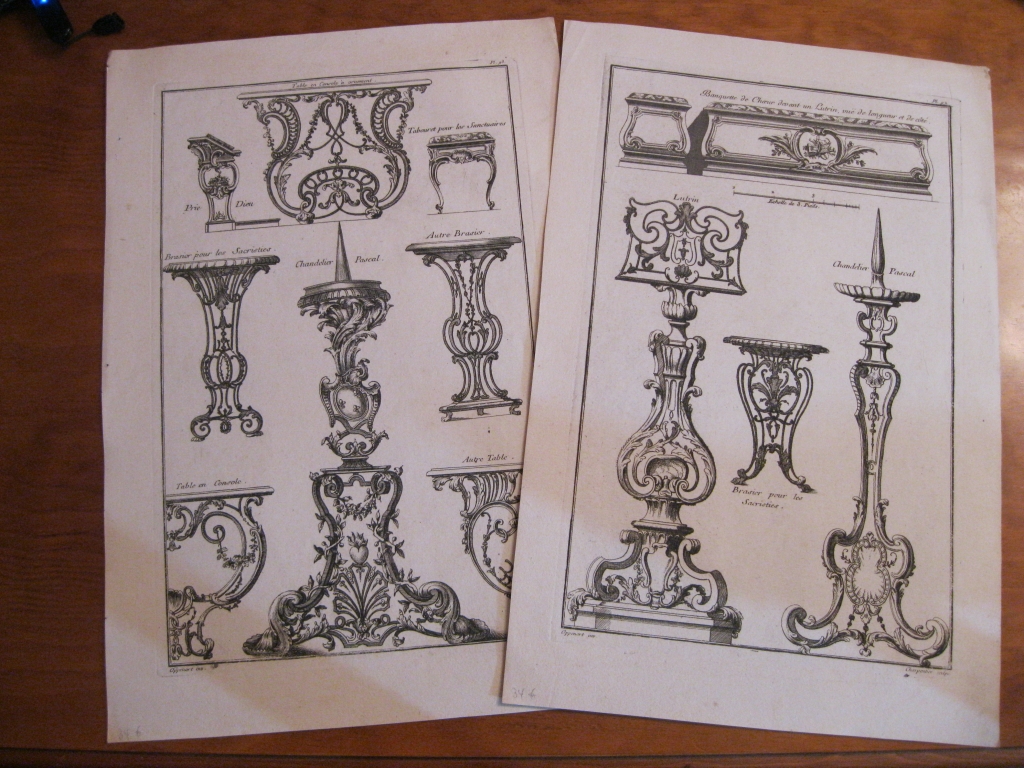 Diseños de  herrería barroca: mesas y candelabros, 1767. Charpentier/Huquier y Soubeyaran/Oppchort