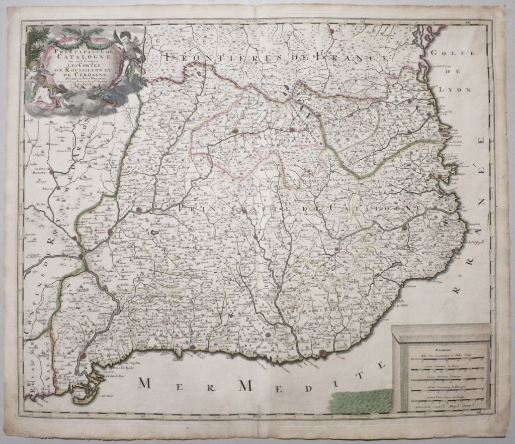 Gran mapa de Cataluña (España), hacia 1700. G. Valck