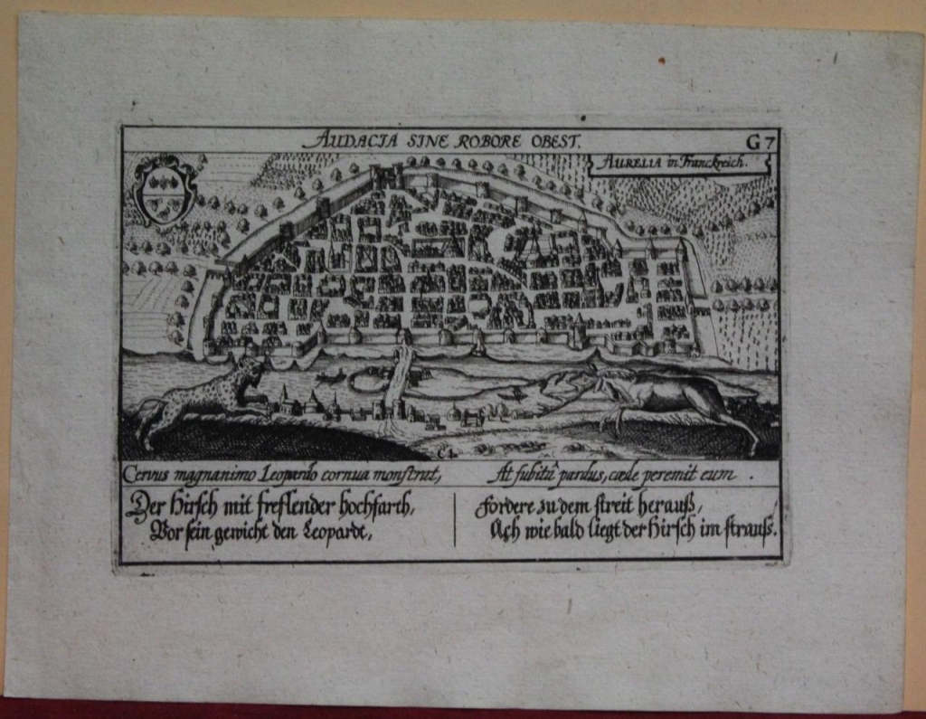 Vista y plano de la ciudad de Orleáns (Francia), 1637. Meisner/Kieser