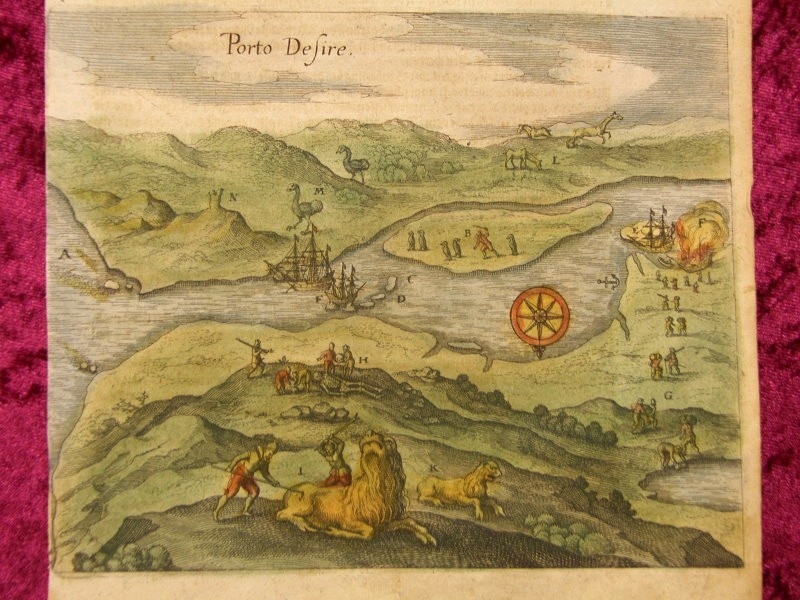 Vista y escenas del Puerto Deseado, Patagonia (Argentina), 1617. De Bry