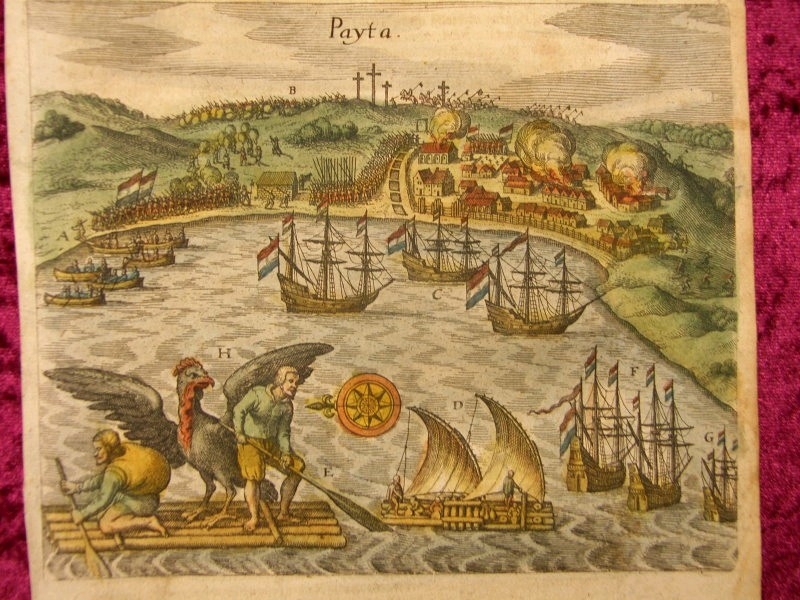 Vista  y escenas del puerto de Paita (Perú, América del sur), 1617.  De Bry