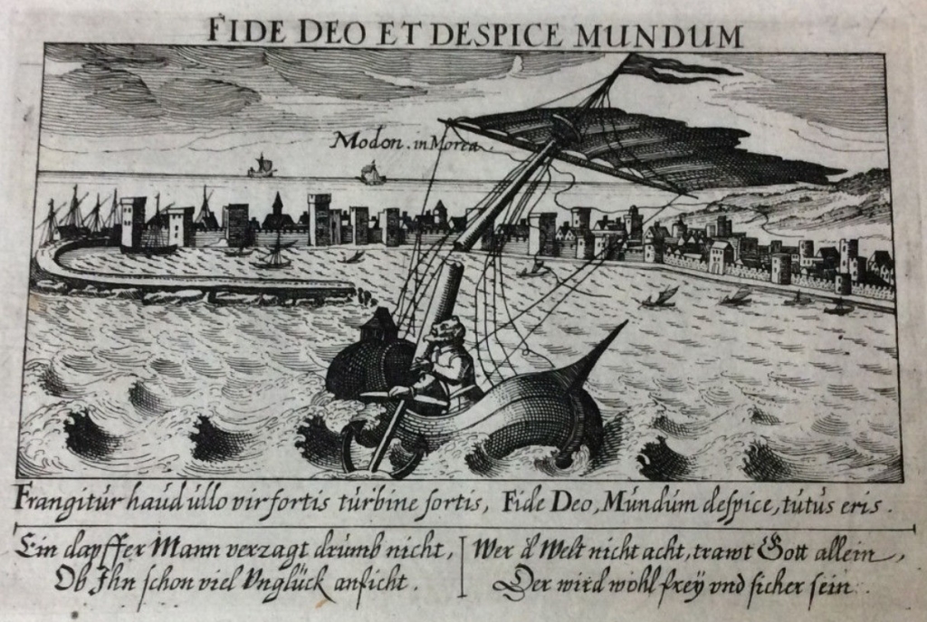 Vista panorámica de la ciudad de Modona, Pelenoneso (Grecia, Europa), 1670. Meisner/Kieser