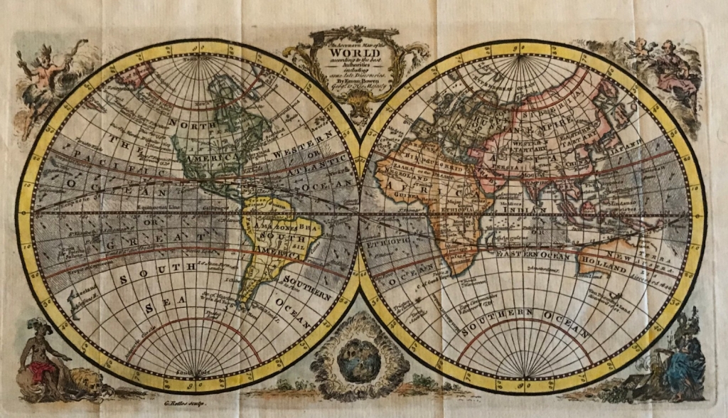 Mapa del mundo y alegorías, 1754. E. Bowen