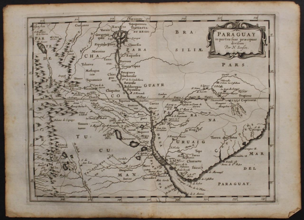 Mapa de Uruguay, Paraguay y Argentina (América del sur), 1657. Sanson