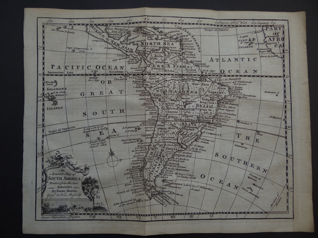 Mapa de América del sur, 1754. E. Bowen