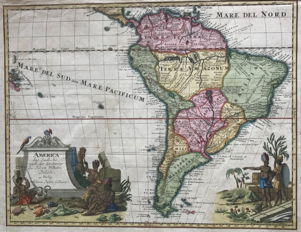 Mapa de América del sur, hacia 1740. Delisle/Gebauer