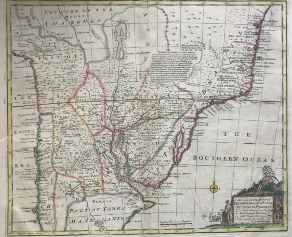Mapa de Brasil, Uruguay, Paraguay,..(América del sur), 1747. E. Bowen