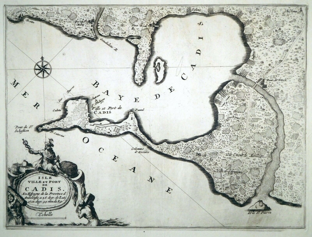 Mapa de la ciudad y puerto de  Cádiz y su bahía (España), hacia 1695. Nicolas de Fer