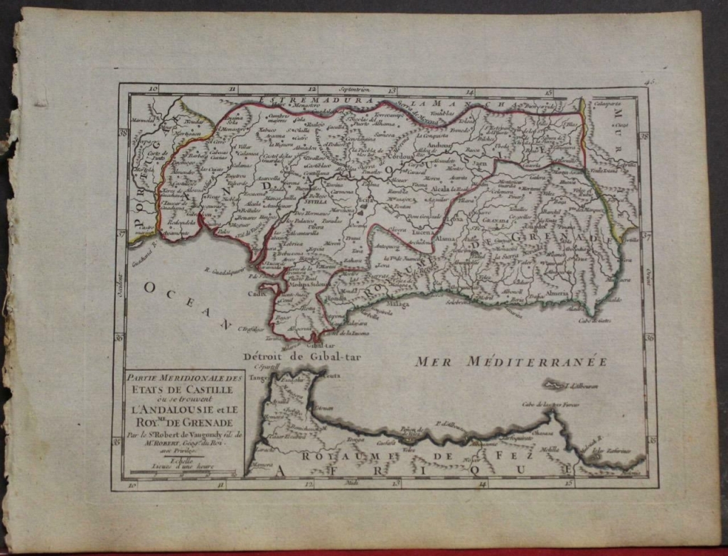 Mapa de Andalucía (España), 1748. Robert de Vaugondy