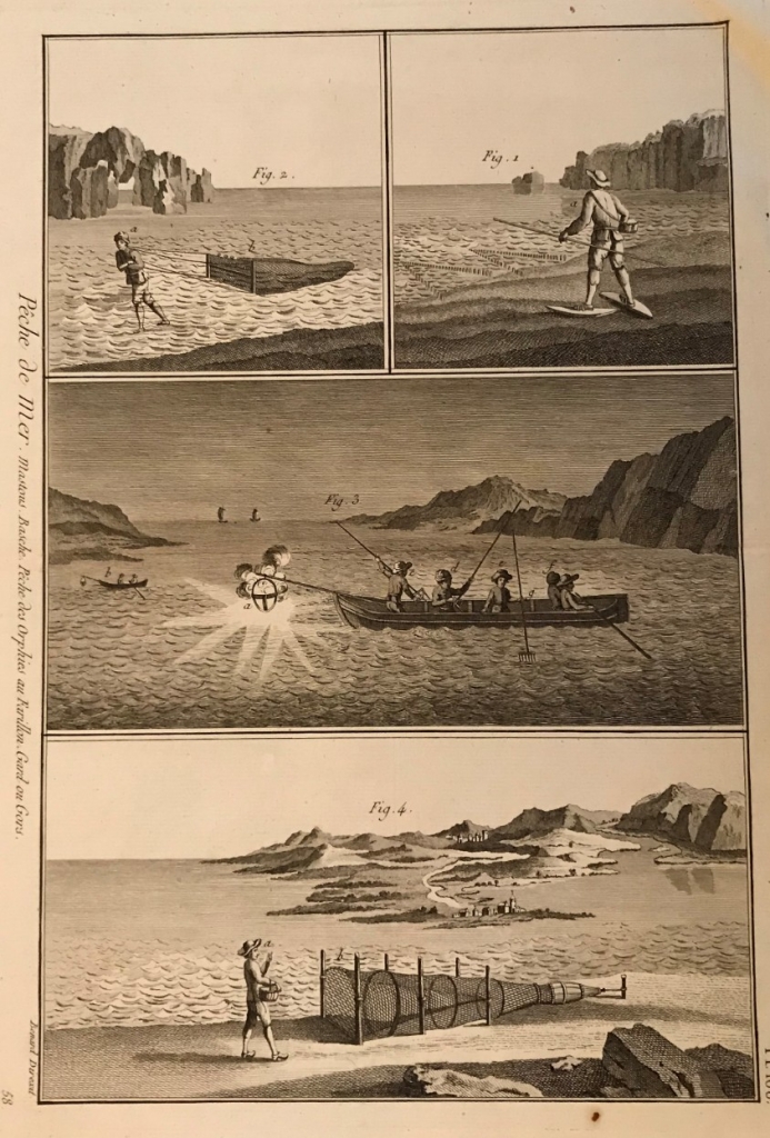 Diversos tipos de pesca artesanal desde mar y tierra, 1792. Bernard/Panckoucke
