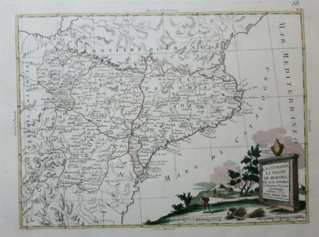 Mapa de Cataluña, Aragón y Navarra (España), 1775. Antonio Zatta