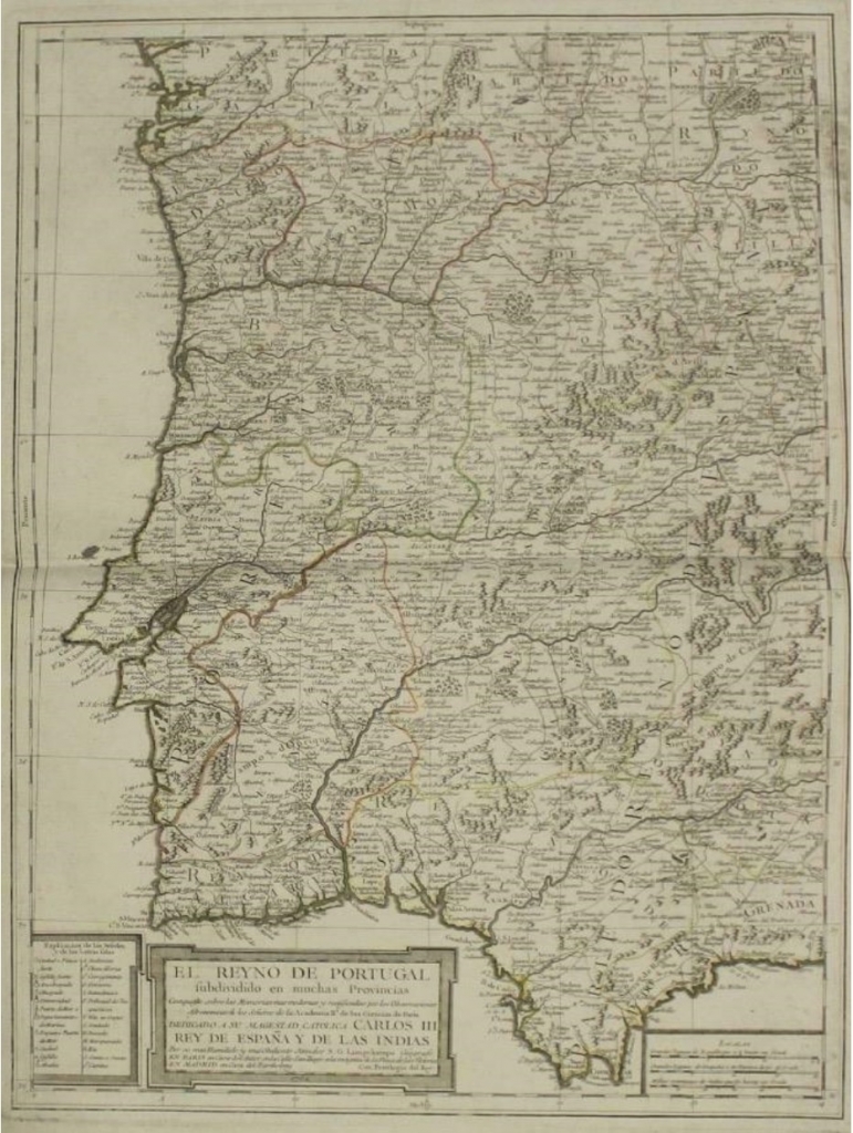 Gran mapa de Portugal y oeste de España, 1762. Longschamps