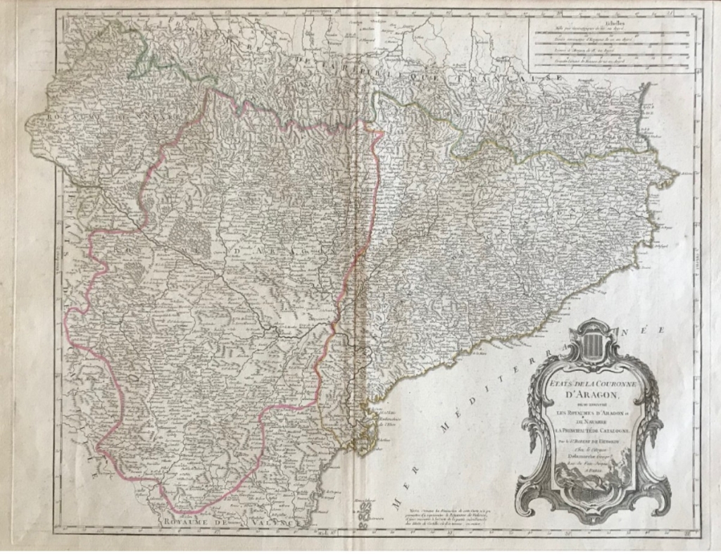 Gran mapa de Cataluña, Aragón y Navarra (España), hacia 1752. Robert de Vaugondy/Delamarche