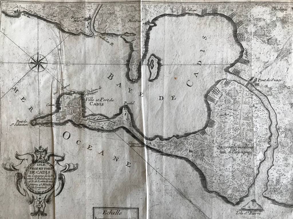 Mapa de la bahía y puerto de Cádiz e inmediaciones  (España), 1693. Nicolas de Fer