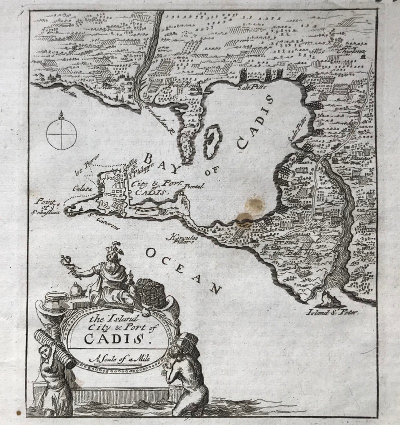 Plano de la bahía y puerto de Cádiz (Andalucía, España), 1695. Moll/Swale y Child