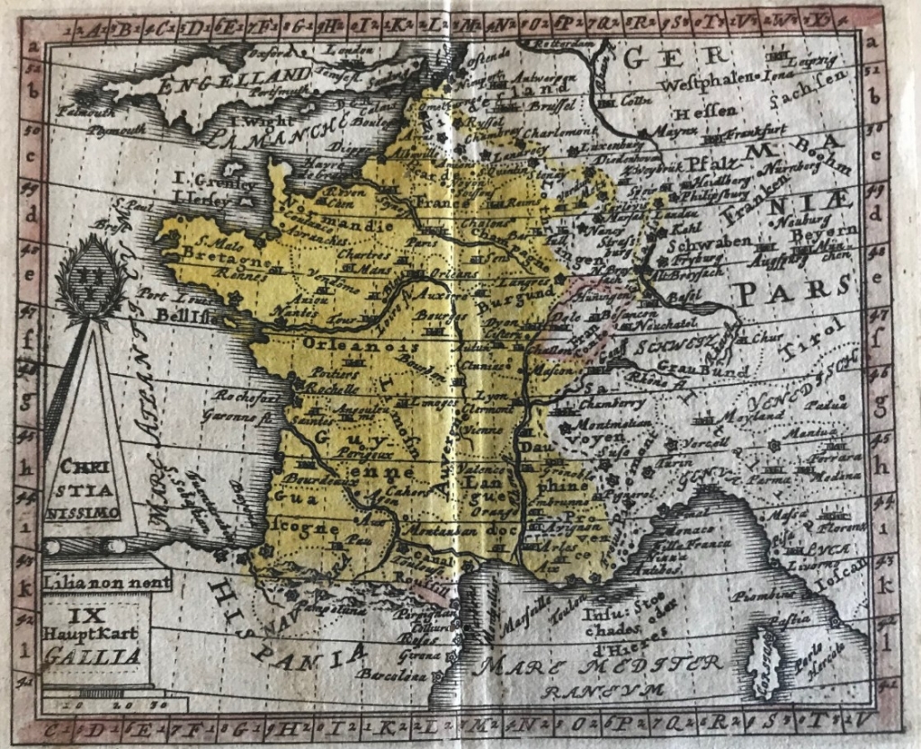 Mapa e información sobre Francia, 1733. Anselm Desing