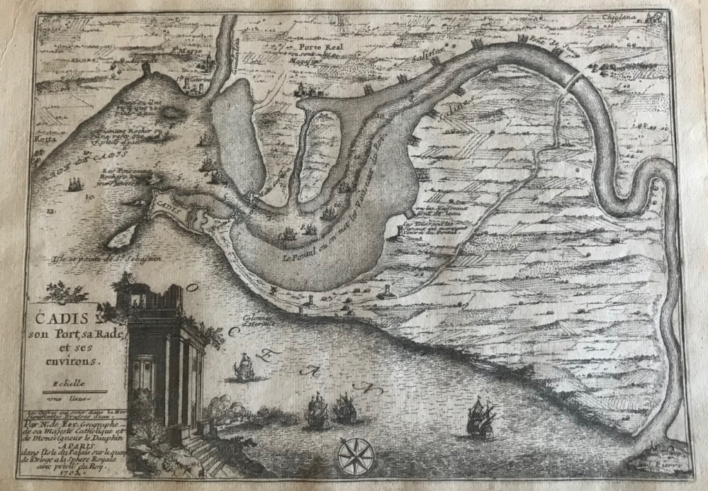Puerto y bahía de Cádiz e inmediaciones con información (España), 1705. Nicolas de Fer