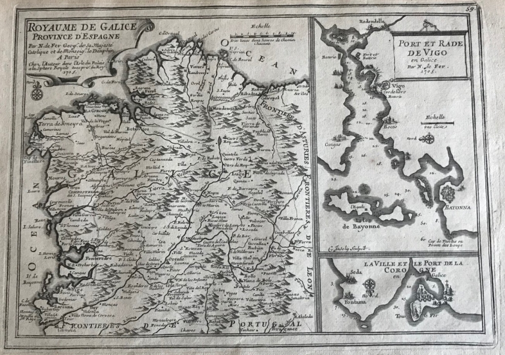 Mapa de Galicia y puertos de Vigo y A Coruña (España), 1705. Nicolás de Fer