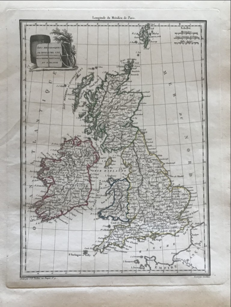 Mapa de la isla de  Irlanda y Gran Bretaña (Europa), hacia 1810. Tardieu/Giraldon