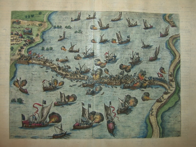 Batalla naval y terrestre en  la guerra de  Flandes, ca. 1588. Eitzinger/Hogenberg