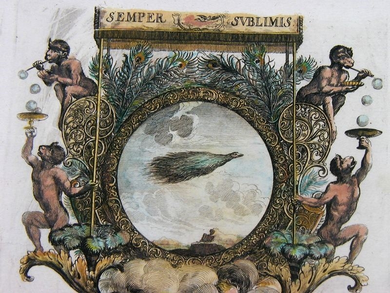 Emblema barroco: Pavo Real y Monos  haciendo burbujas, 1687. Kraus/ Koppmayer
