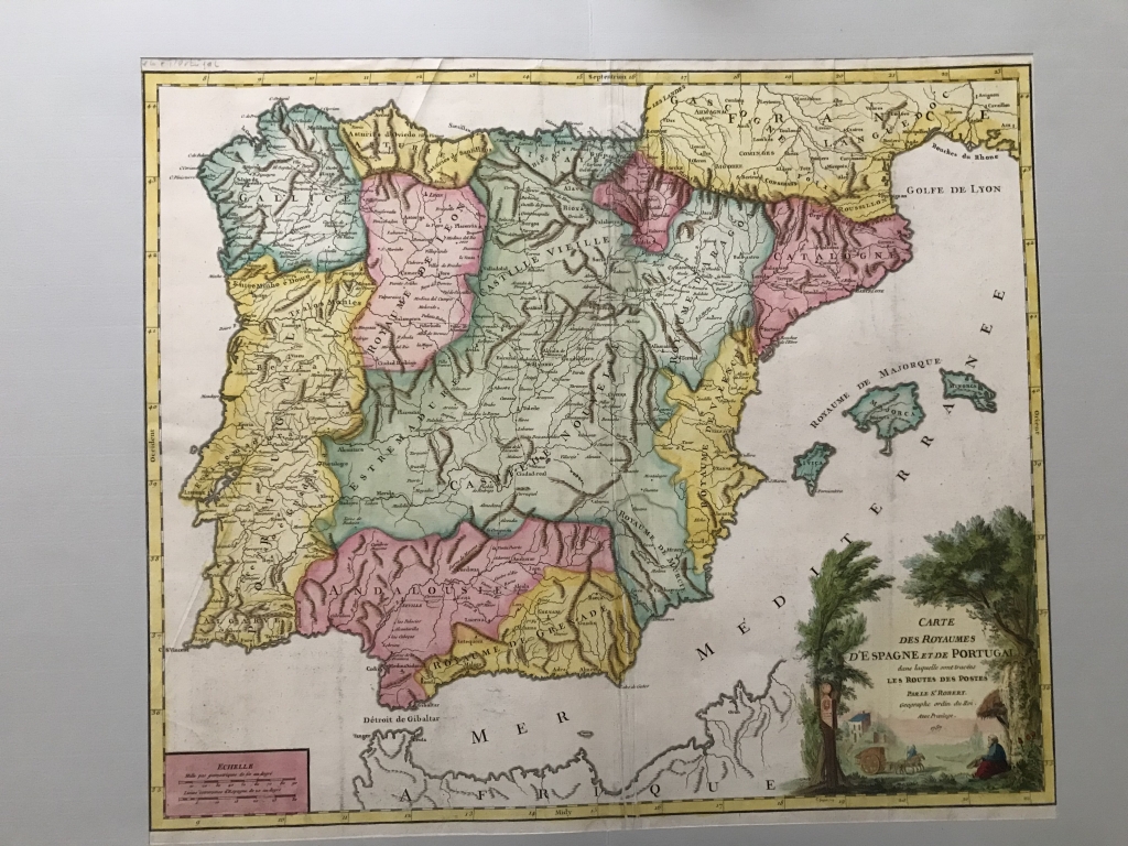 Gran mapa a color de España y Portugal, 1757. Robert de Vaugondy