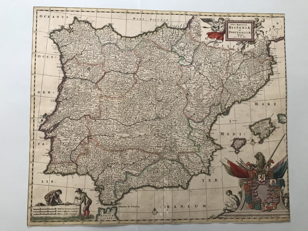 Gran mapa a color de Portugal y España, hacia 1680. Frederick de Witt