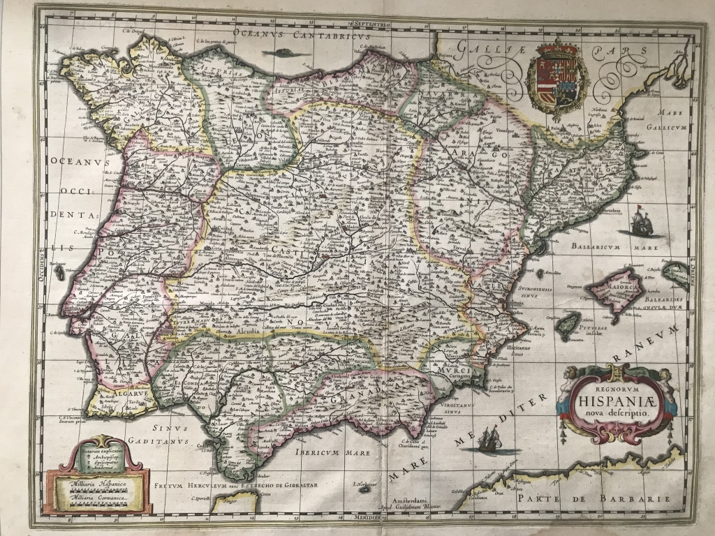 Gran mapa a color de Portugal y España, 1638. W. Blaeu