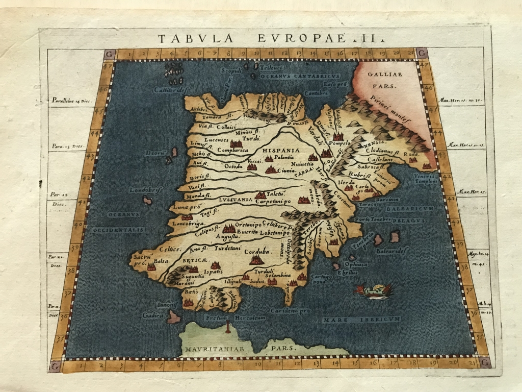 Mapa de España y Portugal antiguos, Tabula Europae II, 1596. Ptolomeo/Magini/Karera/Porro