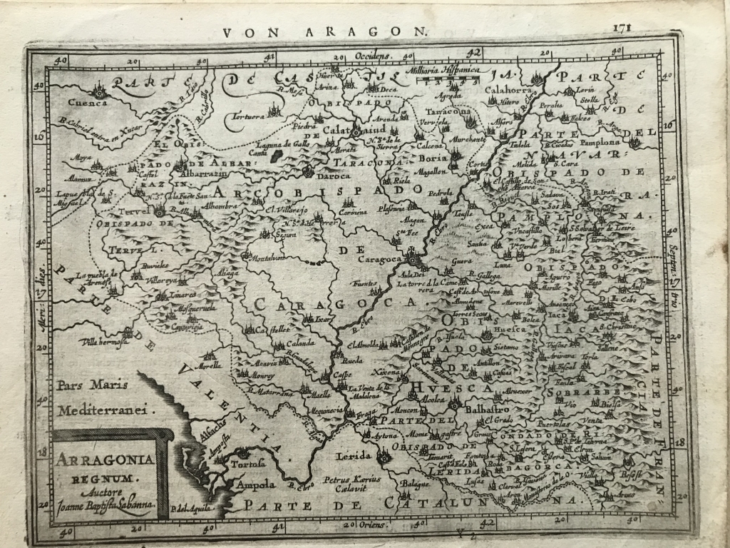 Mapa de Aragón (España), hacia 1625. Lavanha/Mercator/Hondius