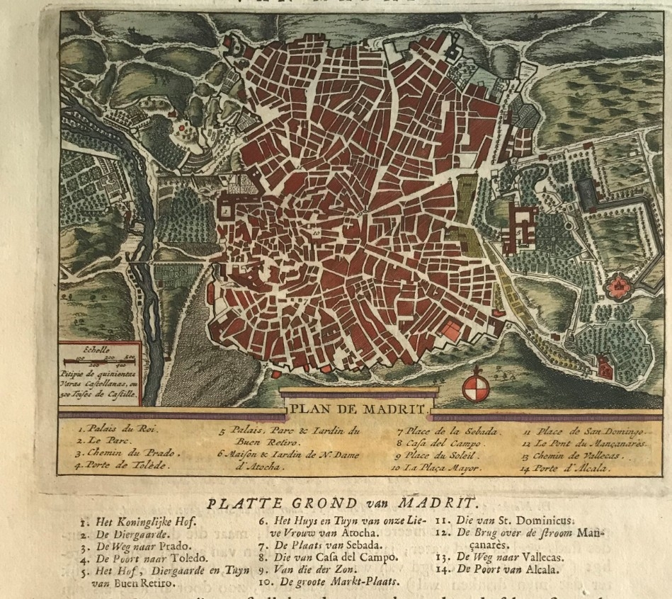 Plano de Madrid y vista de la Plaza Mayor de Madrid (España), 1707. P. van der Aa.