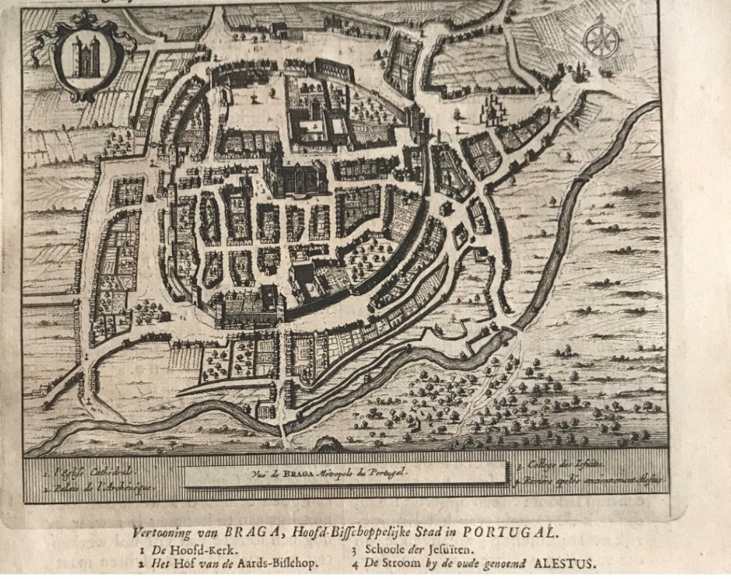 Plano y vista de la ciudad de Braga, norte de Portugal, 1707. P. van der Aa