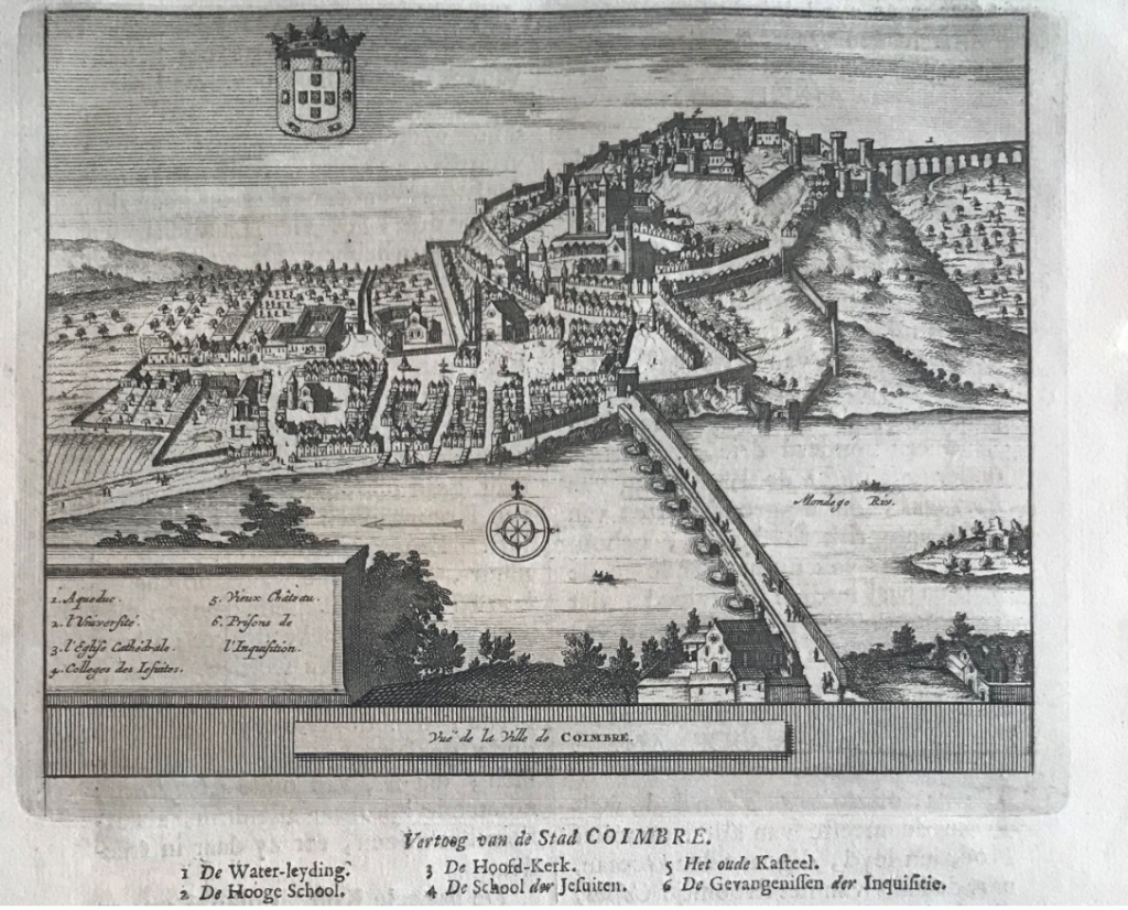 Vista y plano de la ciudad de Coimbra en Portugal, 1707. P. van der Aa