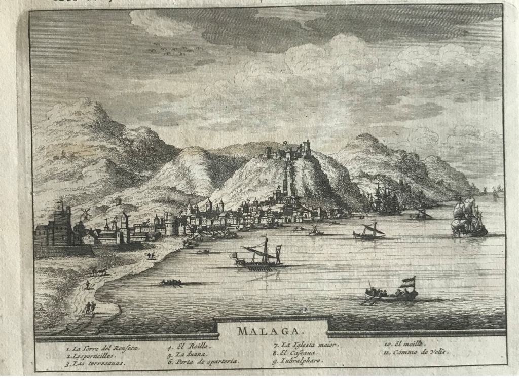 Vista de las ciudades de Málaga y Antequera (Málaga) en España, 1707. P. van der Aa
