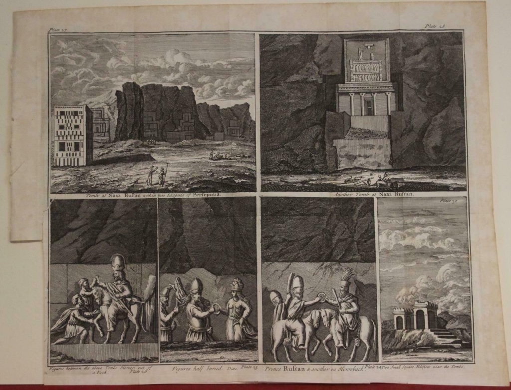 Vistas y detalles de la necrópolis persa de Persépolis (Irán, Asia), 1747. Thomas Osborne