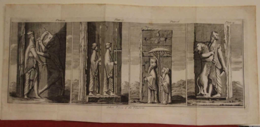 Varias pilastras con relieves de la ciudad de Persépolis (Irán, Asia), 1747. Thomas Osborne