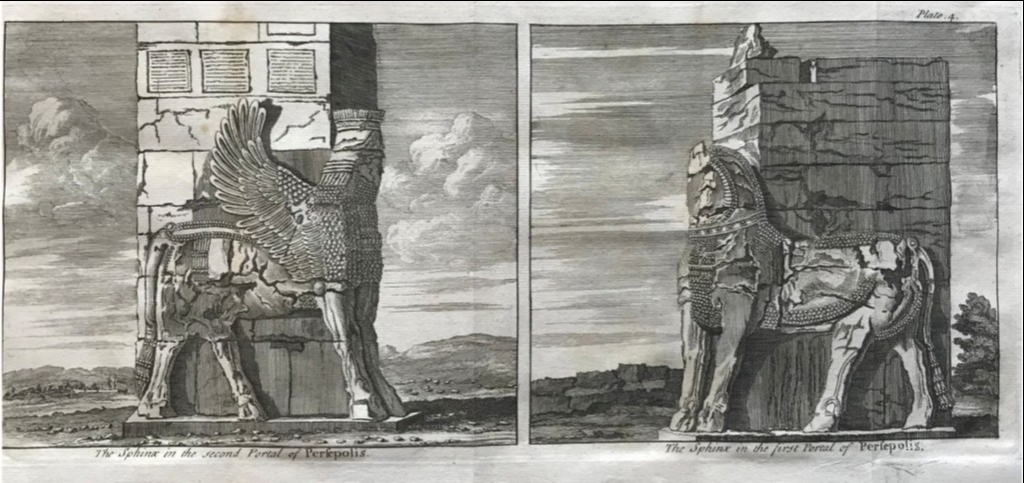 Colosales esculturas persas de la ciudad de Persépolis (Irán, Asia), 1747. Thomas Osborne